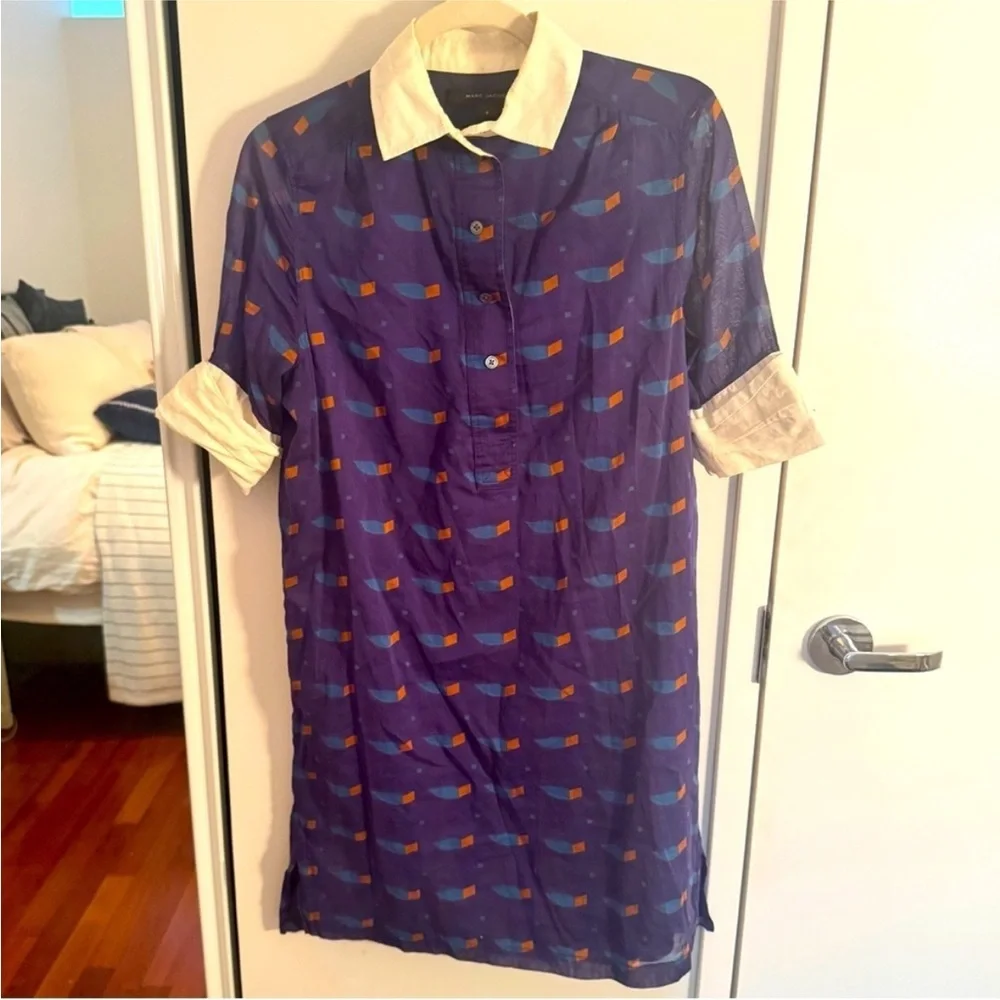 Marc Jacobs Blue Printed Polo Shirt Dress with Cream Collar and Cuffs - Picture 2 of 5